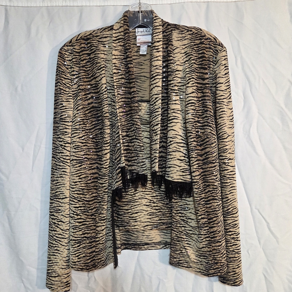 Joseph Ribkoff Sz 12 Vintage Animal Print Open Front Cardigan Tank Top Set